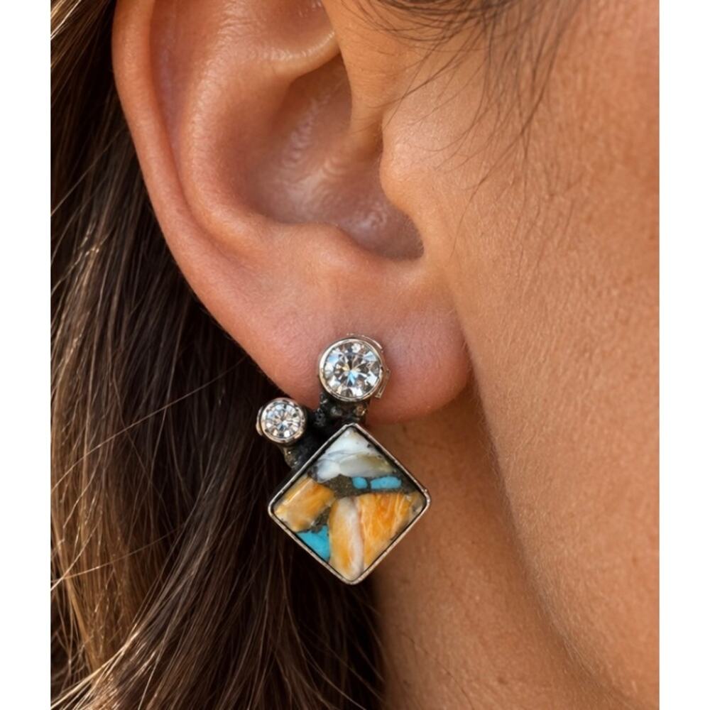 Orange Spiny Oyster Turquoise Square Cut Earrings CZ Accents Sterling Silver